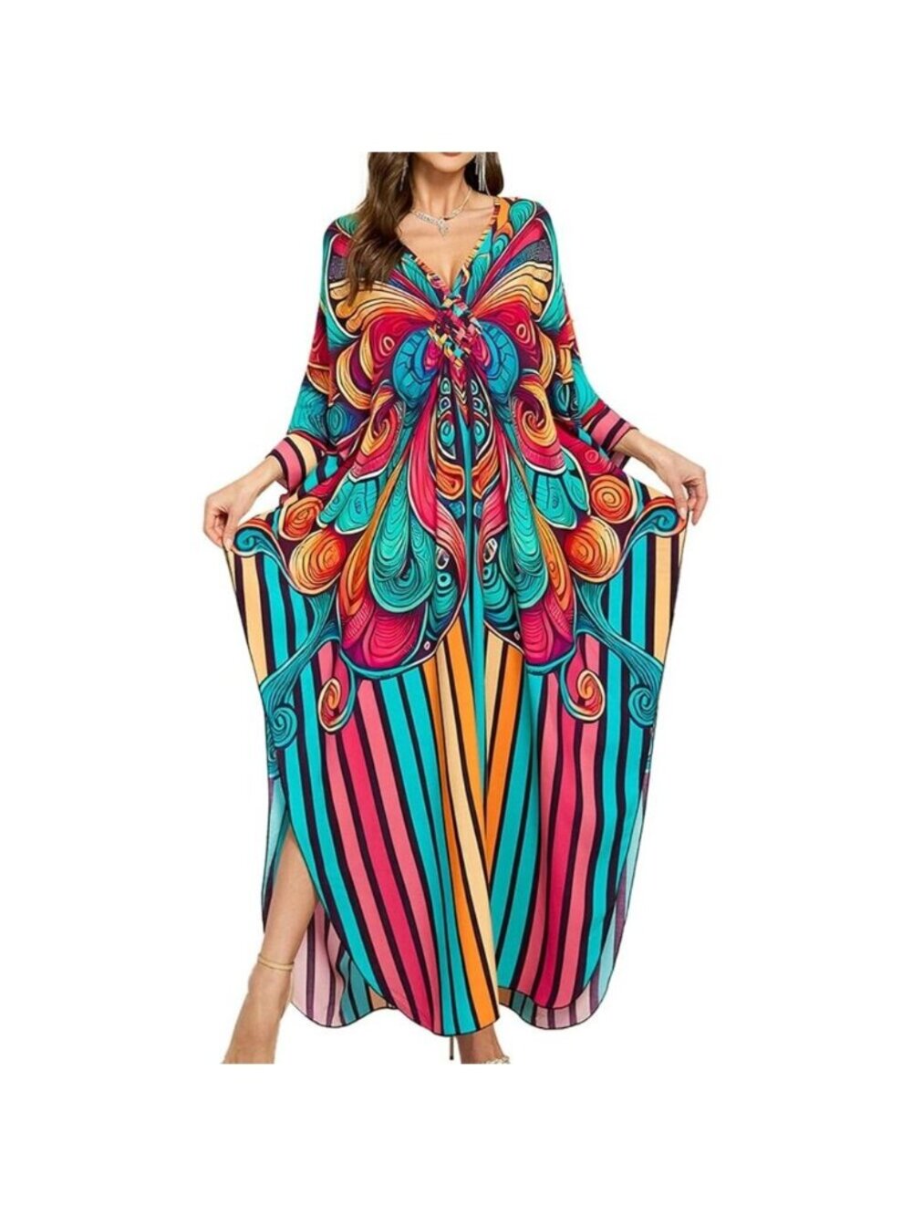 Women Blue Butterfly Floral V-Neck Batwing Sleeves Summer Cover Up Kaftan Dress